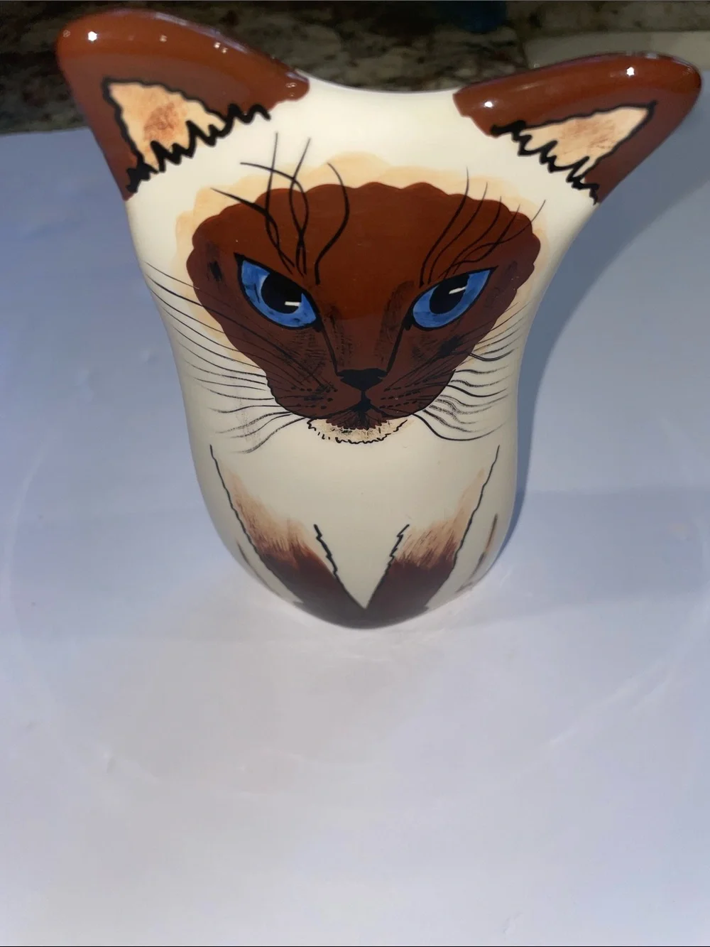 2001 Nina Lyman 8” Cream & Brown Cat Vase with Blue Eyes